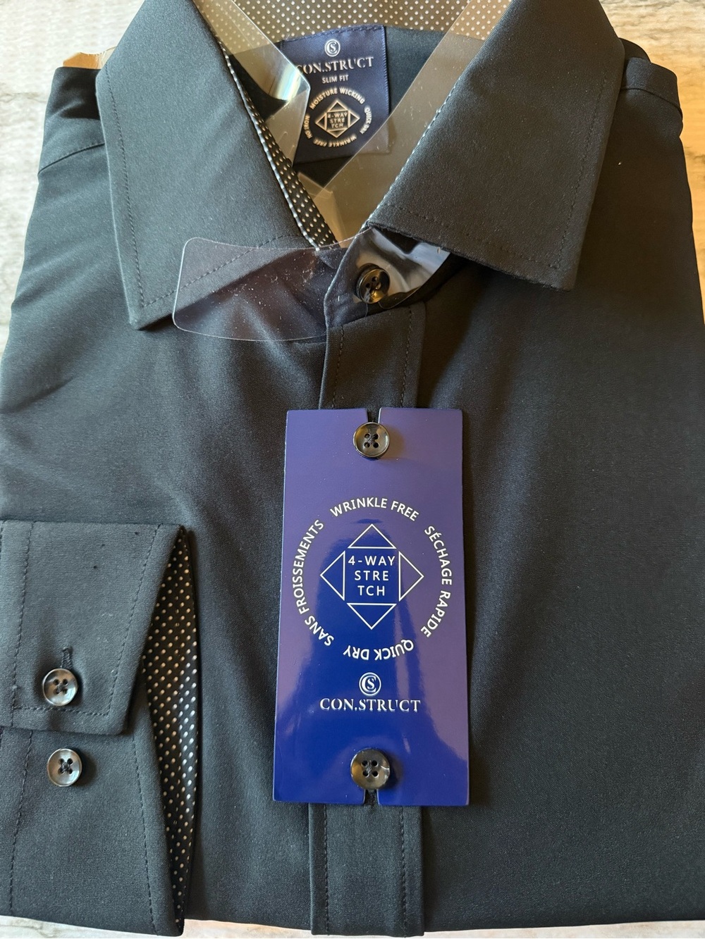 NWT Con.struct Black 4-Way Stretch Dress Shirt slim fit size 18 34/35 XXL